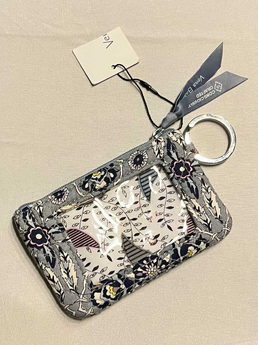 NWT Vera Bradley Gray Floral ID Card Holder with Key Ring